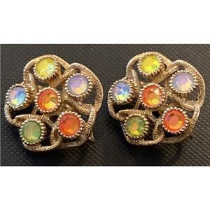 Vintage Estate Sarah Coventry Silver  Earrings Multi Color Stones Signed Clip On